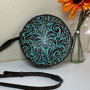 Patricia Nash tooled leather turquoise Round Floral Crossbody Bag